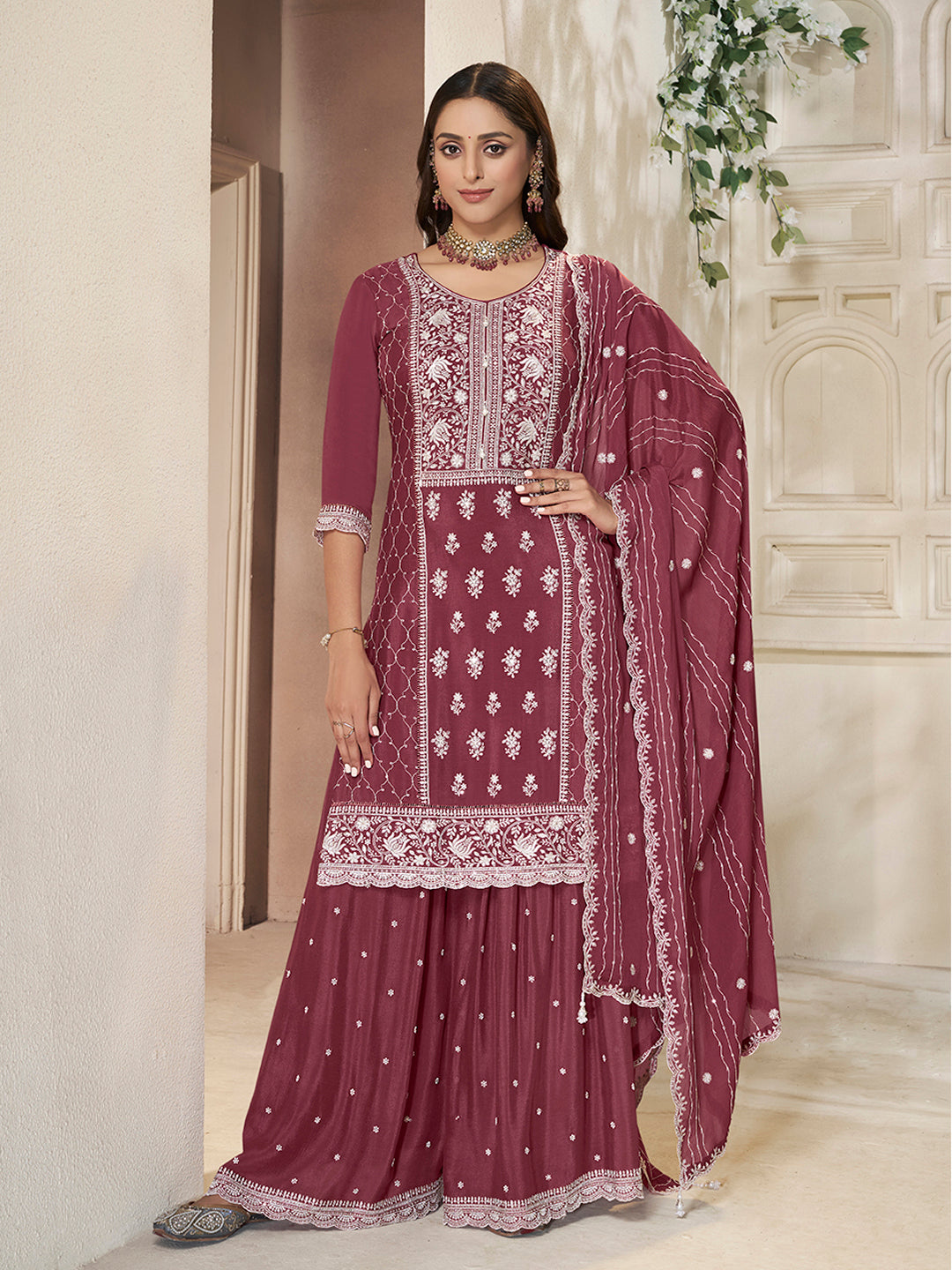 Embroidered Burgundy Chinon Top with Sequin Detailing and Matching Sharara Suit Set - qivii