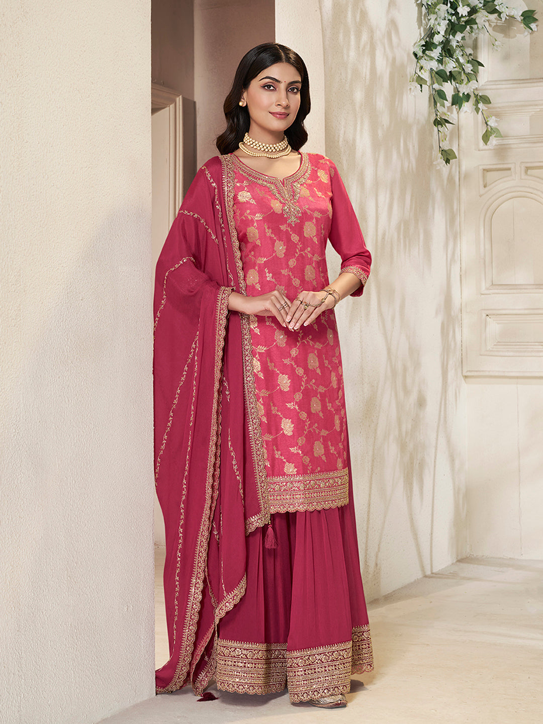 Pink Dola Silk Colour Contrast Sharara Suit Set - qivii