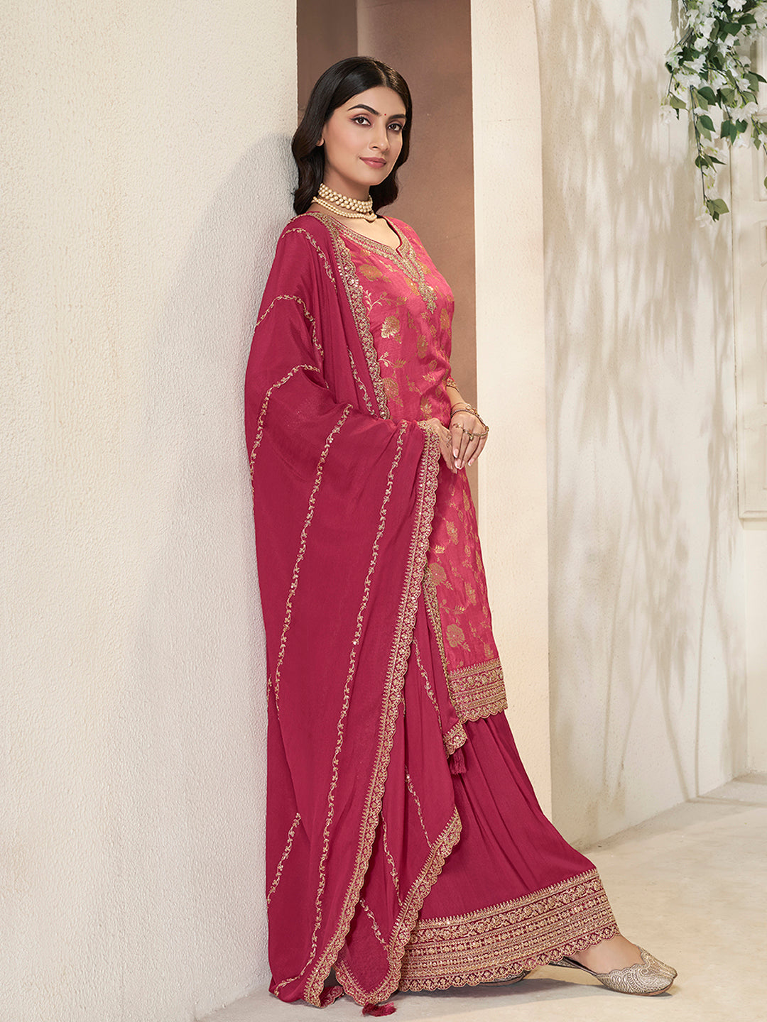 Pink Dola Silk Colour Contrast Sharara Suit Set - qivii