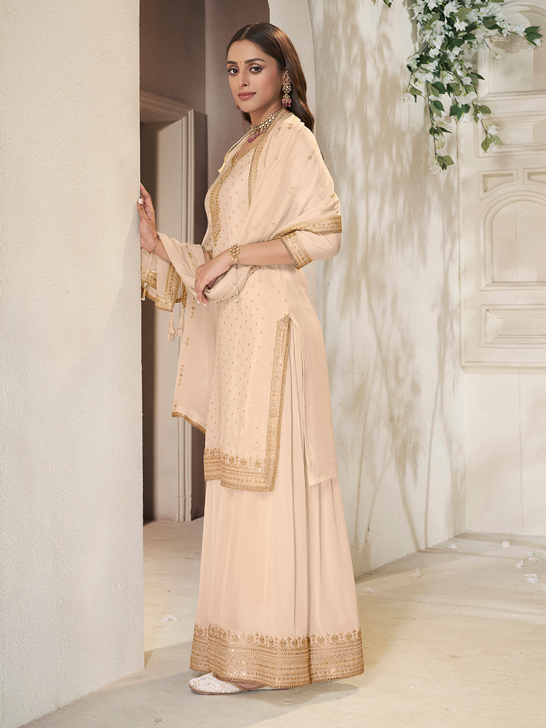 Off White Chinon Top with Sequins Embroidery and Sharara Suit Set - qivii