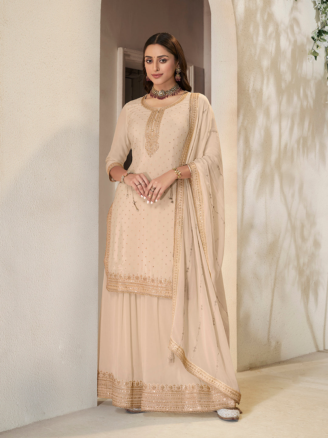 Off White Chinon Top with Sequins Embroidery and Sharara Suit Set - qivii