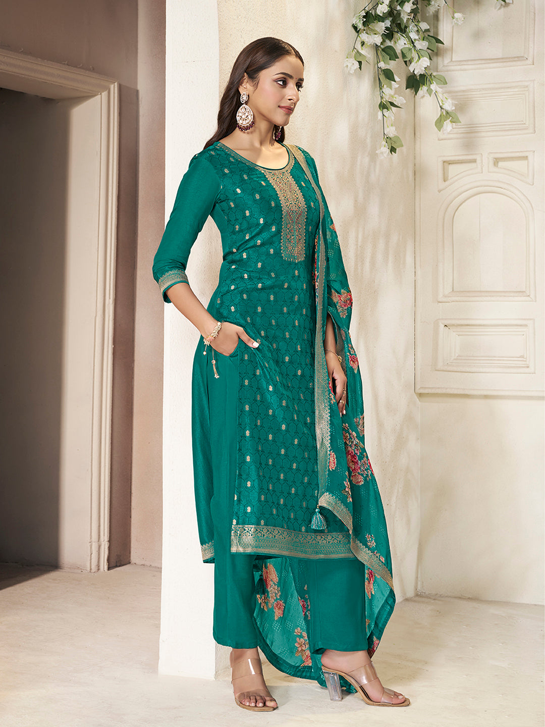Teal Dola Silk Kurta with Jacquard Weave Sequins Work Kurta Suit Set - qivii
