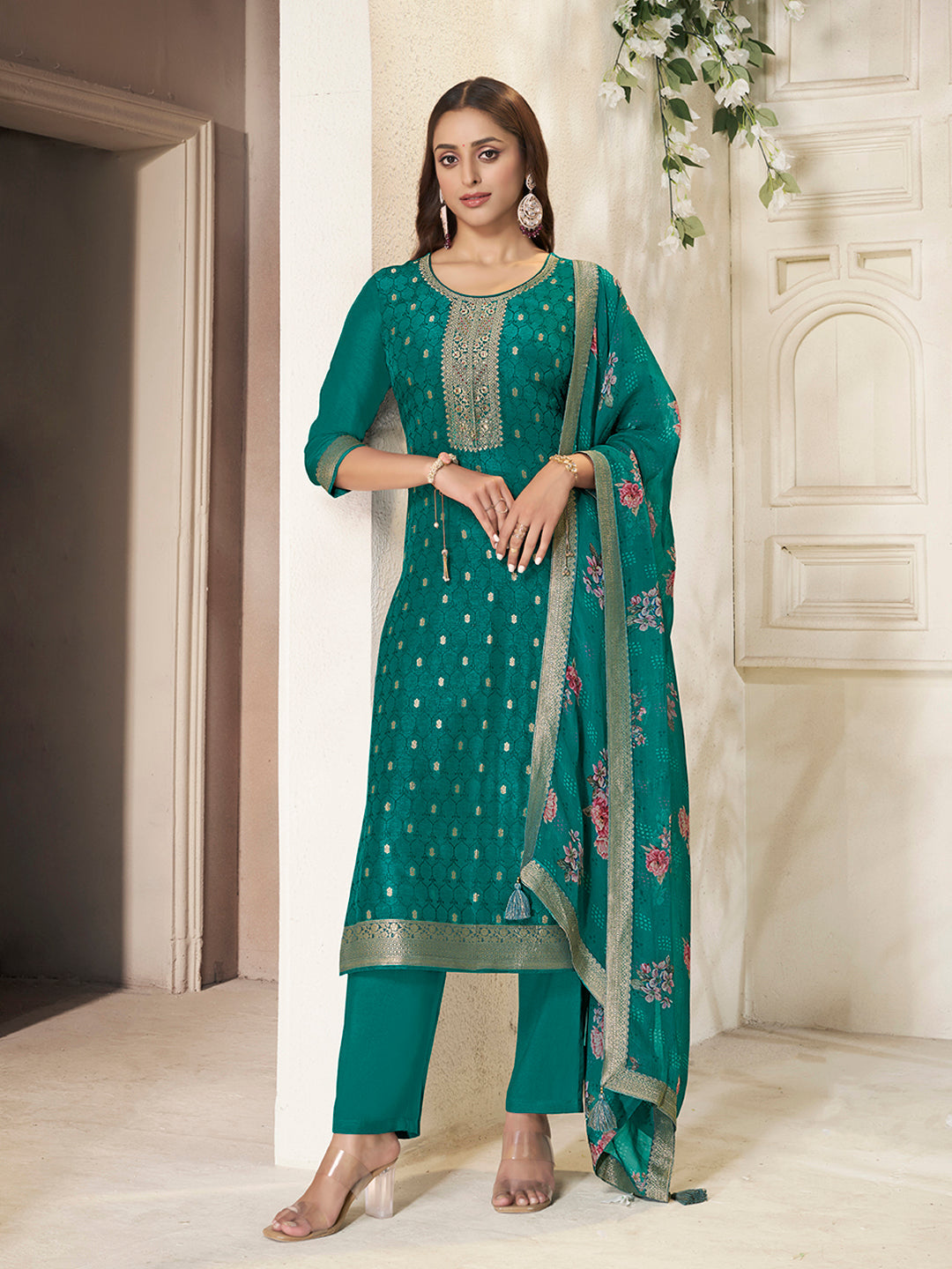 Teal Dola Silk Kurta with Jacquard Weave Sequins Work Kurta Suit Set - qivii