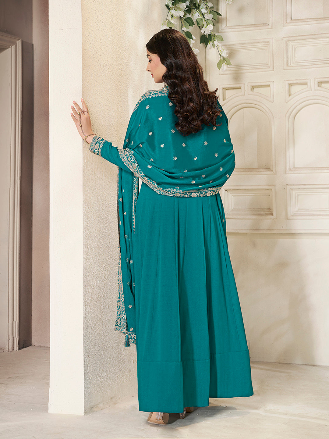 Teal Chinon Top with White Embroidery & Sequins Anarkali Suit Set - qivii
