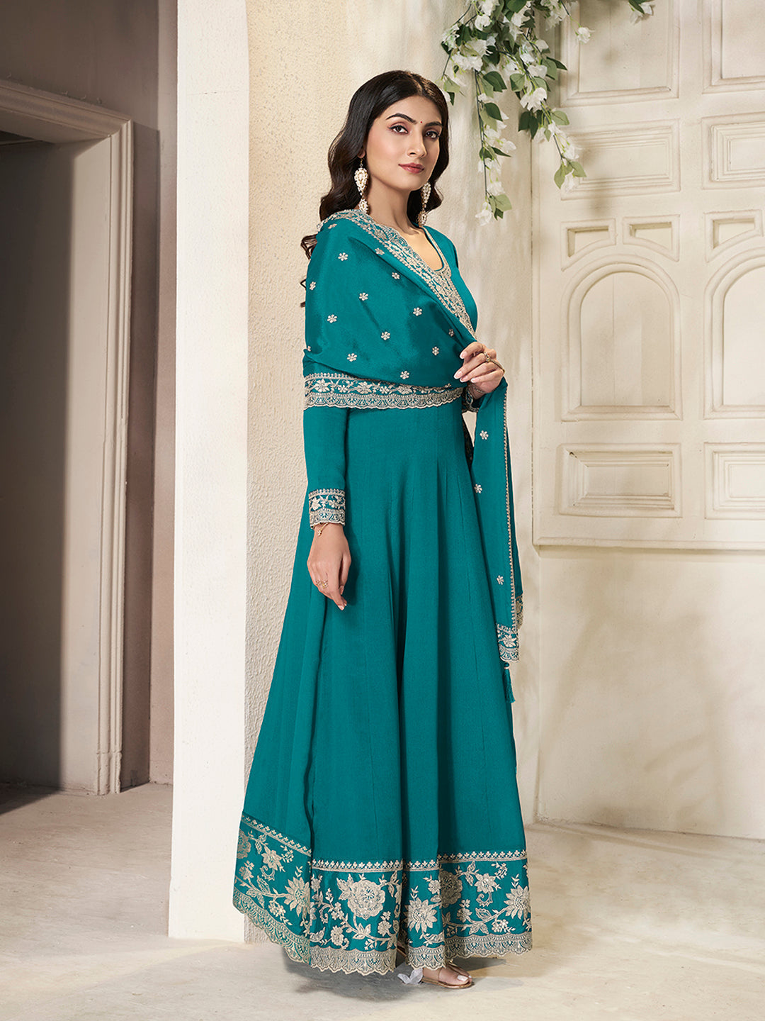 Teal Chinon Top with White Embroidery & Sequins Anarkali Suit Set - qivii