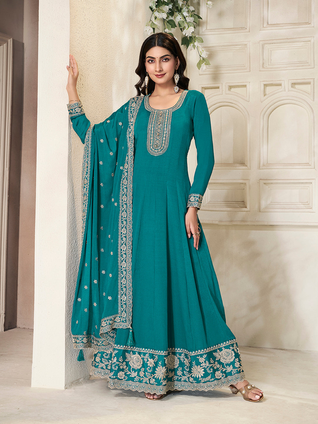 Teal Chinon Top with White Embroidery & Sequins Anarkali Suit Set - qivii
