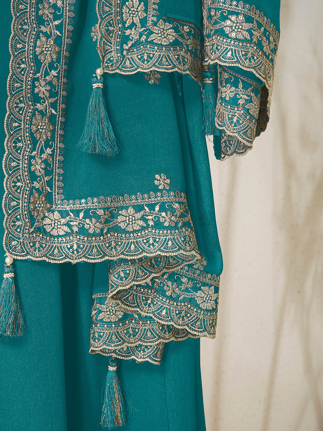 Teal Chinon Top with White Embroidery & Sequins Anarkali Suit Set - qivii