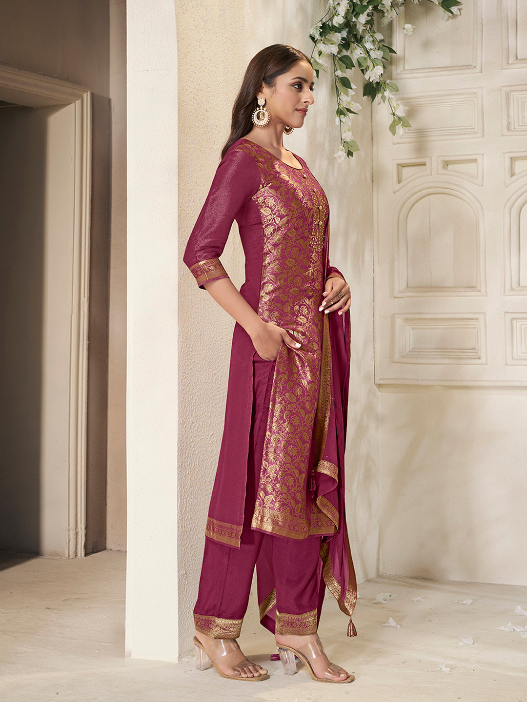 Maroon Tissue Jacquard weave Kruta Suit Set - qivii