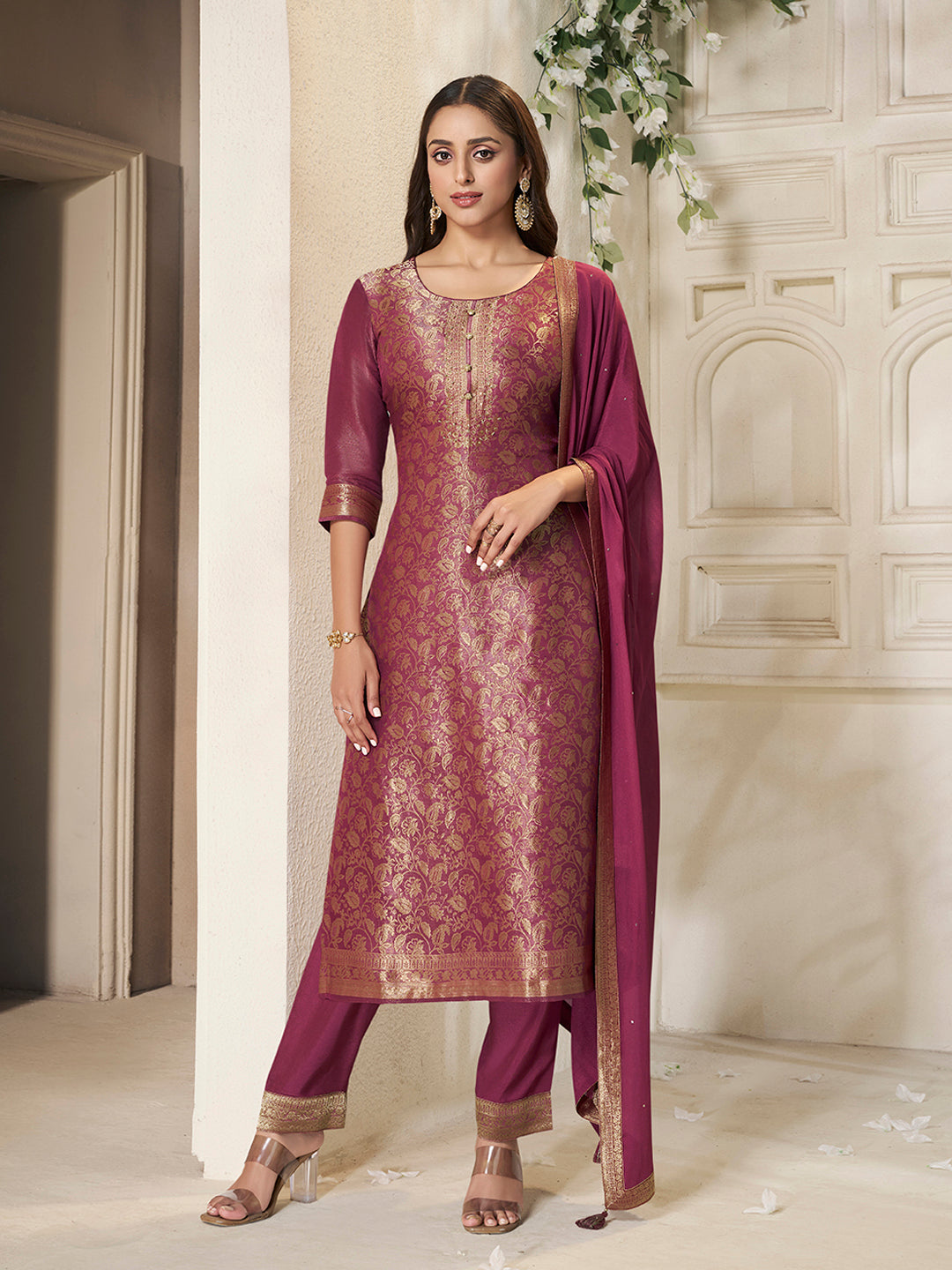Maroon Tissue Jacquard weave Kruta Suit Set - qivii