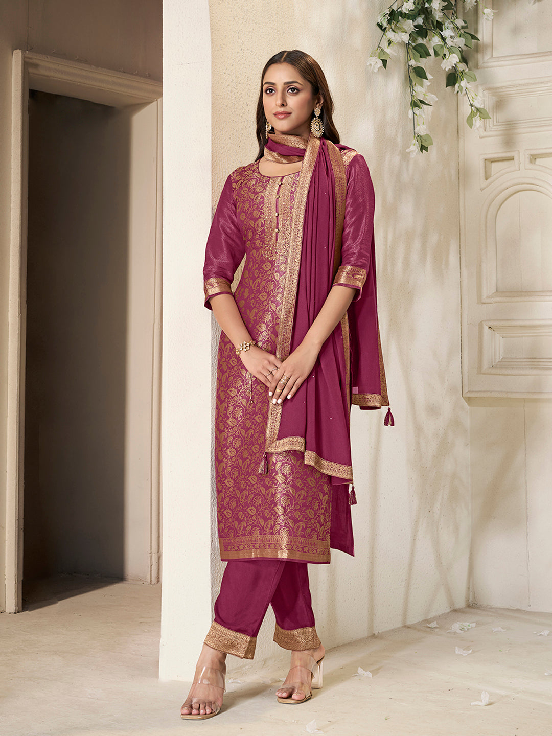 Maroon Tissue Jacquard weave Kruta Suit Set - qivii