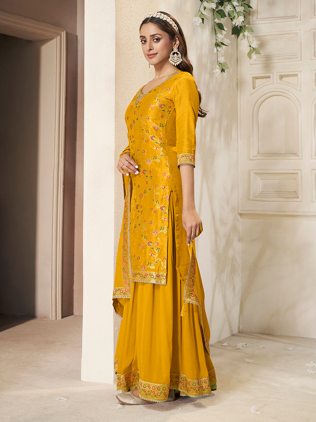 Yellow Dola Silk Sharara Suit Set with Floral Meena Jacquard Work - qivii