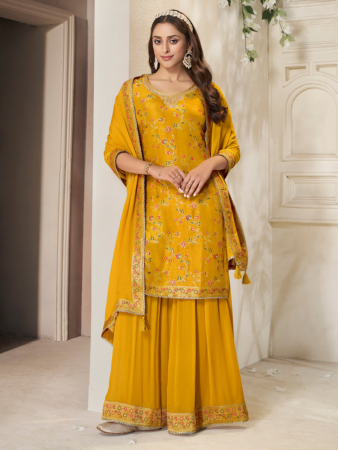 Yellow Dola Silk Sharara Suit Set with Floral Meena Jacquard Work - qivii