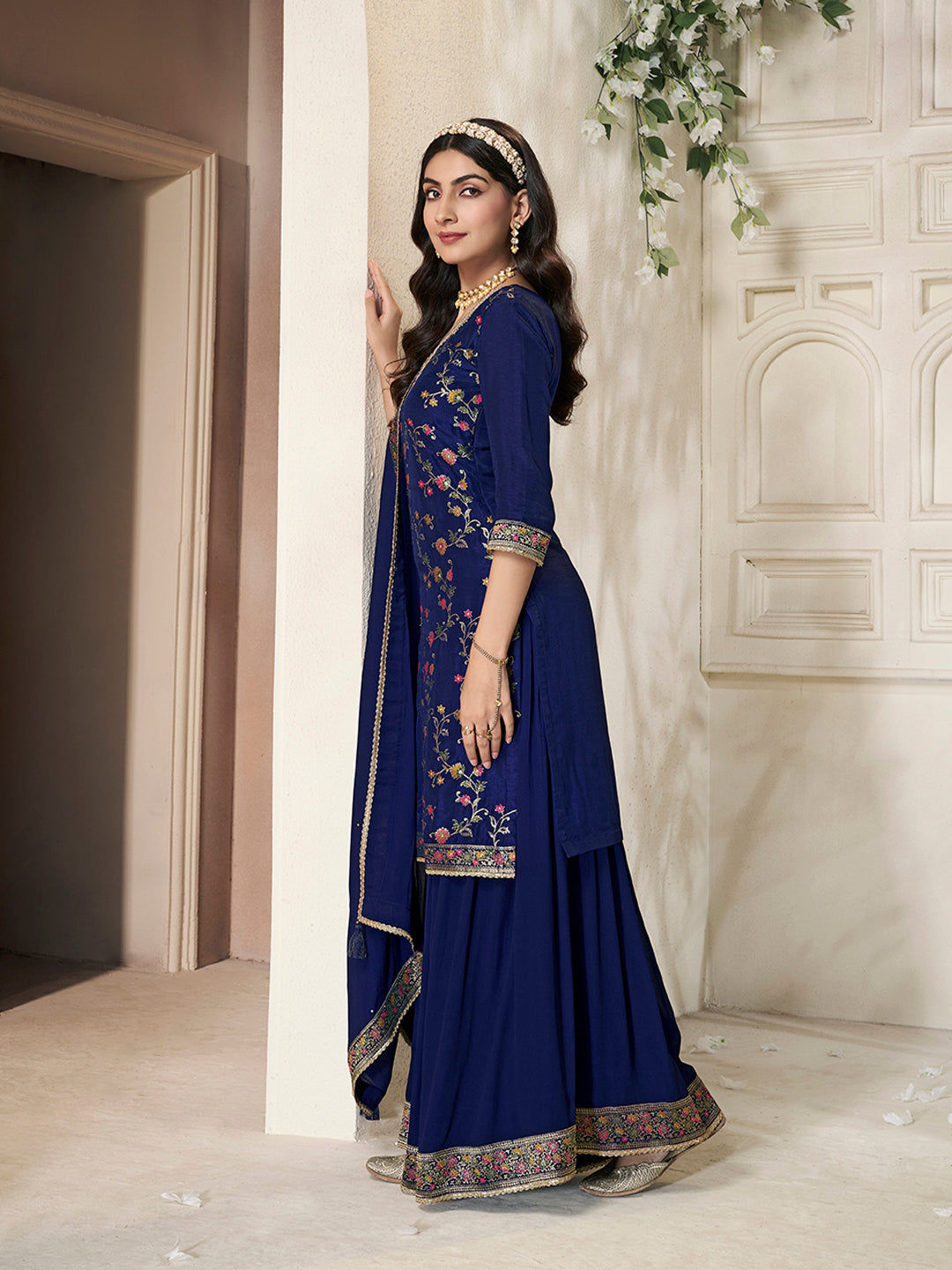 Dark Blue Dola Silk Sharara Suit Set with Floral Meena Jacquard Work - qivii