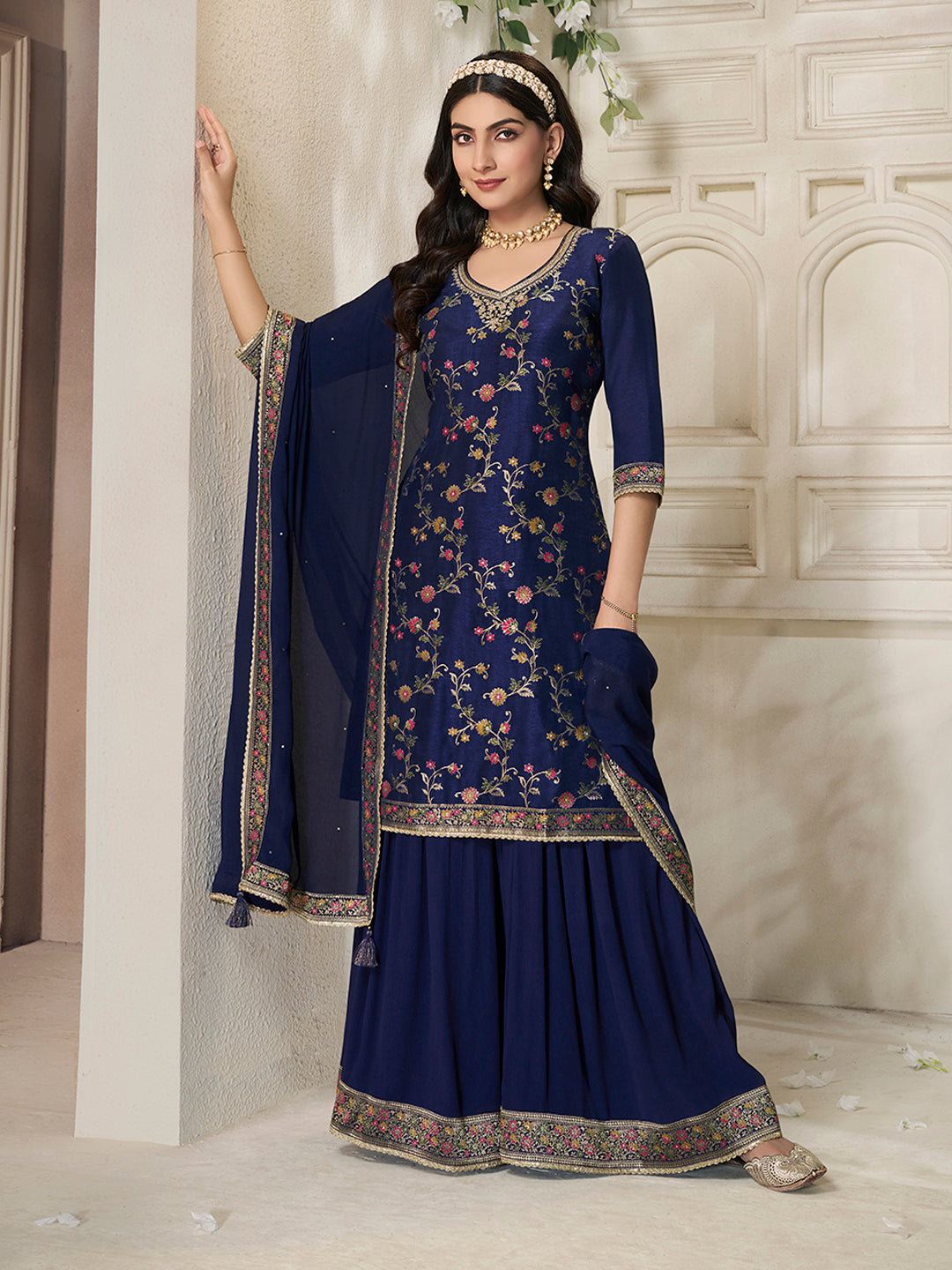 Dark Blue Dola Silk Sharara Suit Set with Floral Meena Jacquard Work - qivii