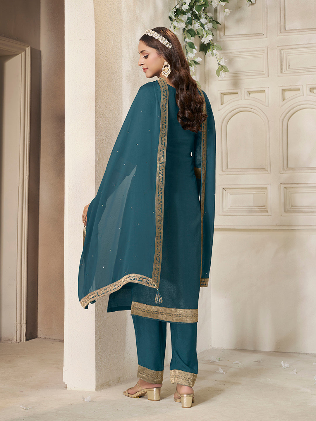 Teal Tissue Jacquard weave Kruta Suit Set - qivii