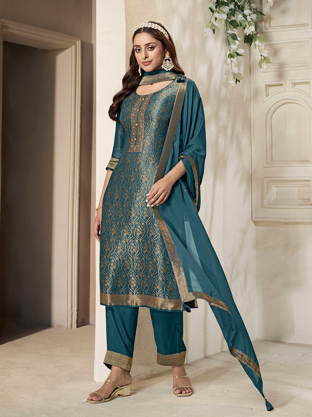 Teal Tissue Jacquard weave Kruta Suit Set - qivii