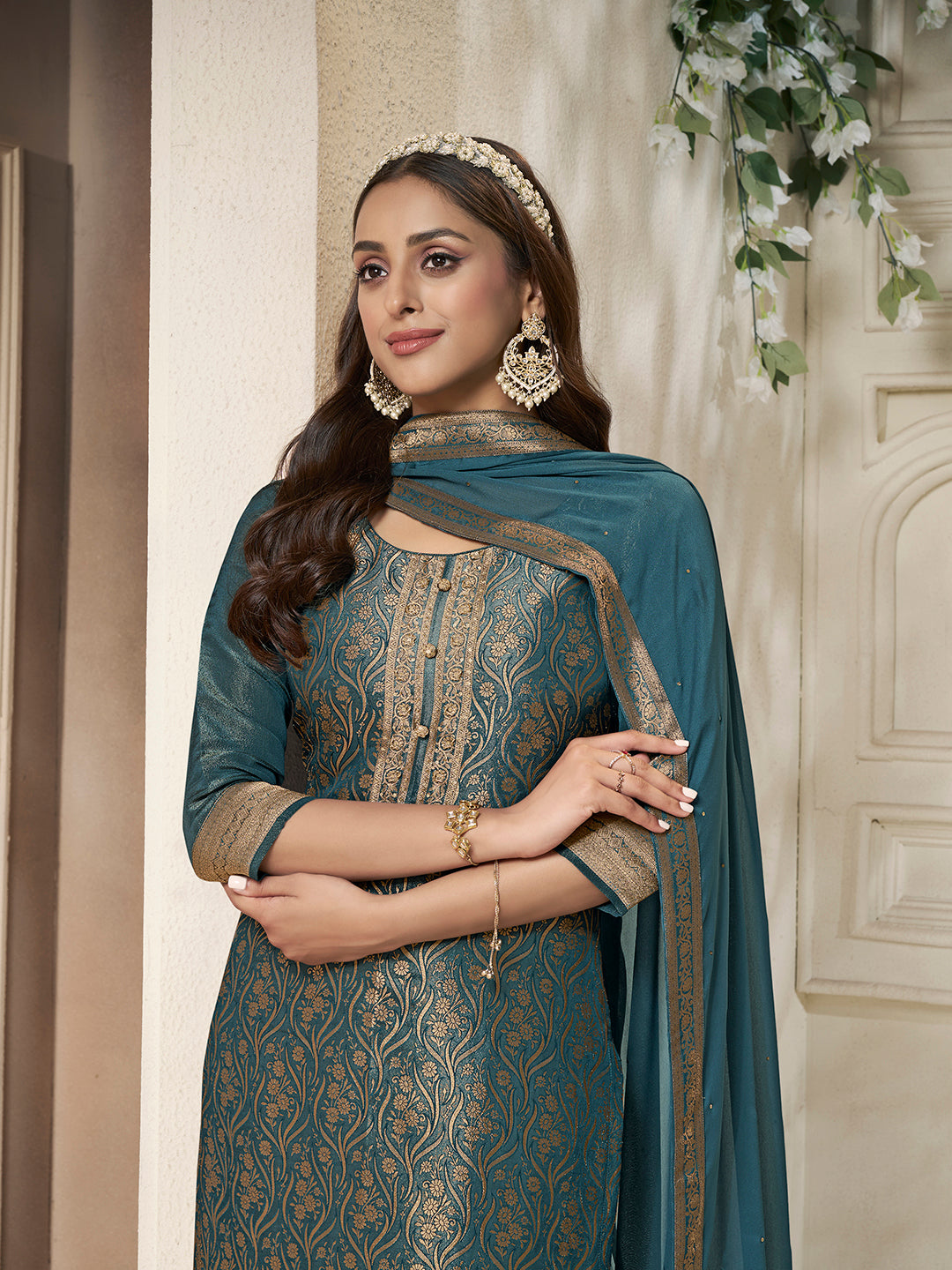 Teal Tissue Jacquard weave Kurta Suit Set