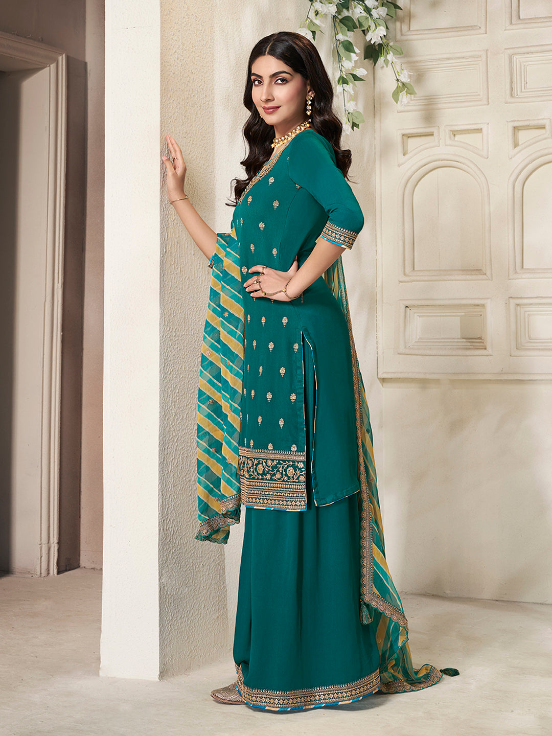 Green Chinon top, embellished sharara, and lehariya printed dupatta. Sharara Suit Set. - qivii