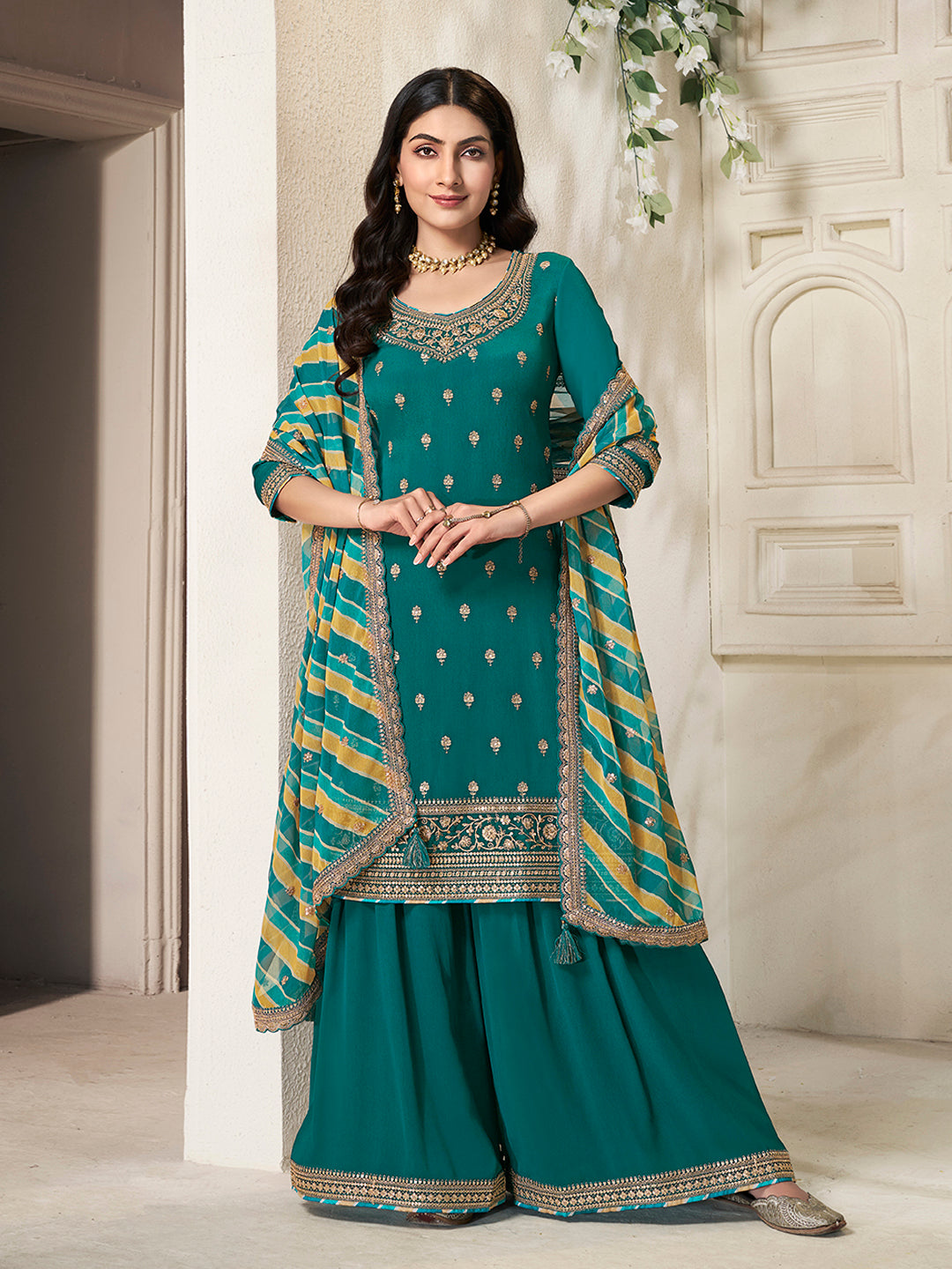 Green Chinon top, embellished sharara, and lehariya printed dupatta. Sharara Suit Set. - qivii