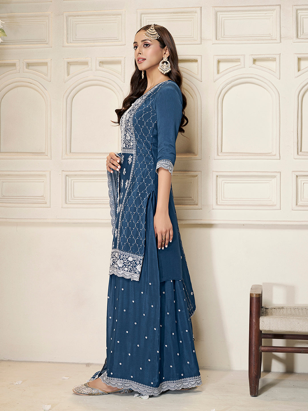 Embroidered Blue Chinon Top with Sequin Detailing and Matching Sharara Suit Set - qivii