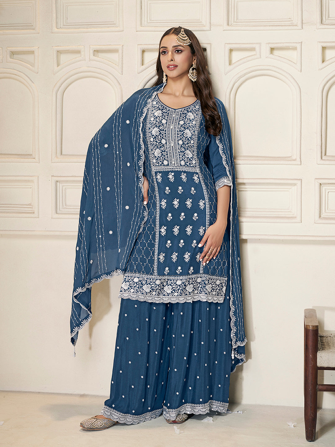 Embroidered Blue Chinon Top with Sequin Detailing and Matching Sharara Suit Set - qivii