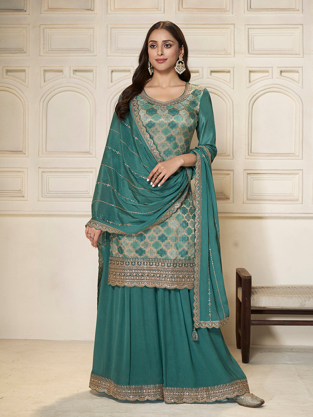 Teal Green Dola Silk Position Print Sharara Suit Set - qivii