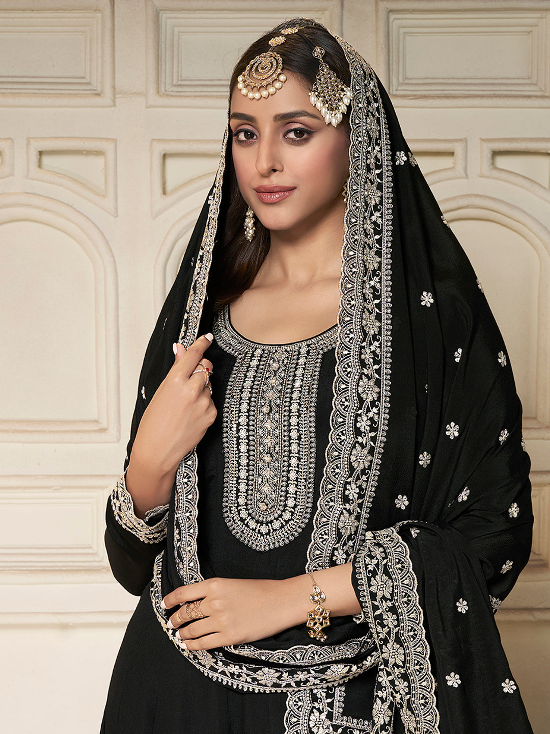 Black Chinon Top with White Embroidery & Sequins Anarkali Suit Set - qivii