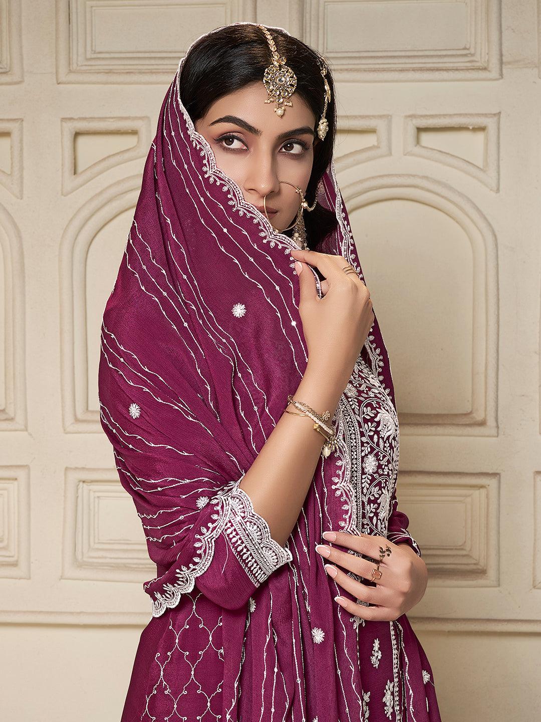 Embroidered Purple Chinon Top with Sequin Detailing and Matching Sharara Suit Set - qivii