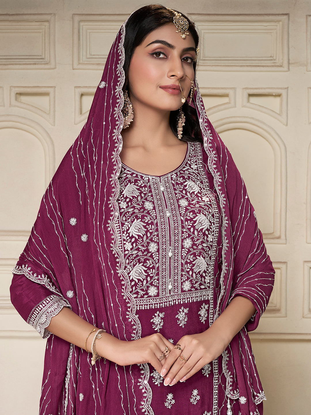 Embroidered Purple Chinon Top with Sequin Detailing and Matching Sharara Suit Set - qivii