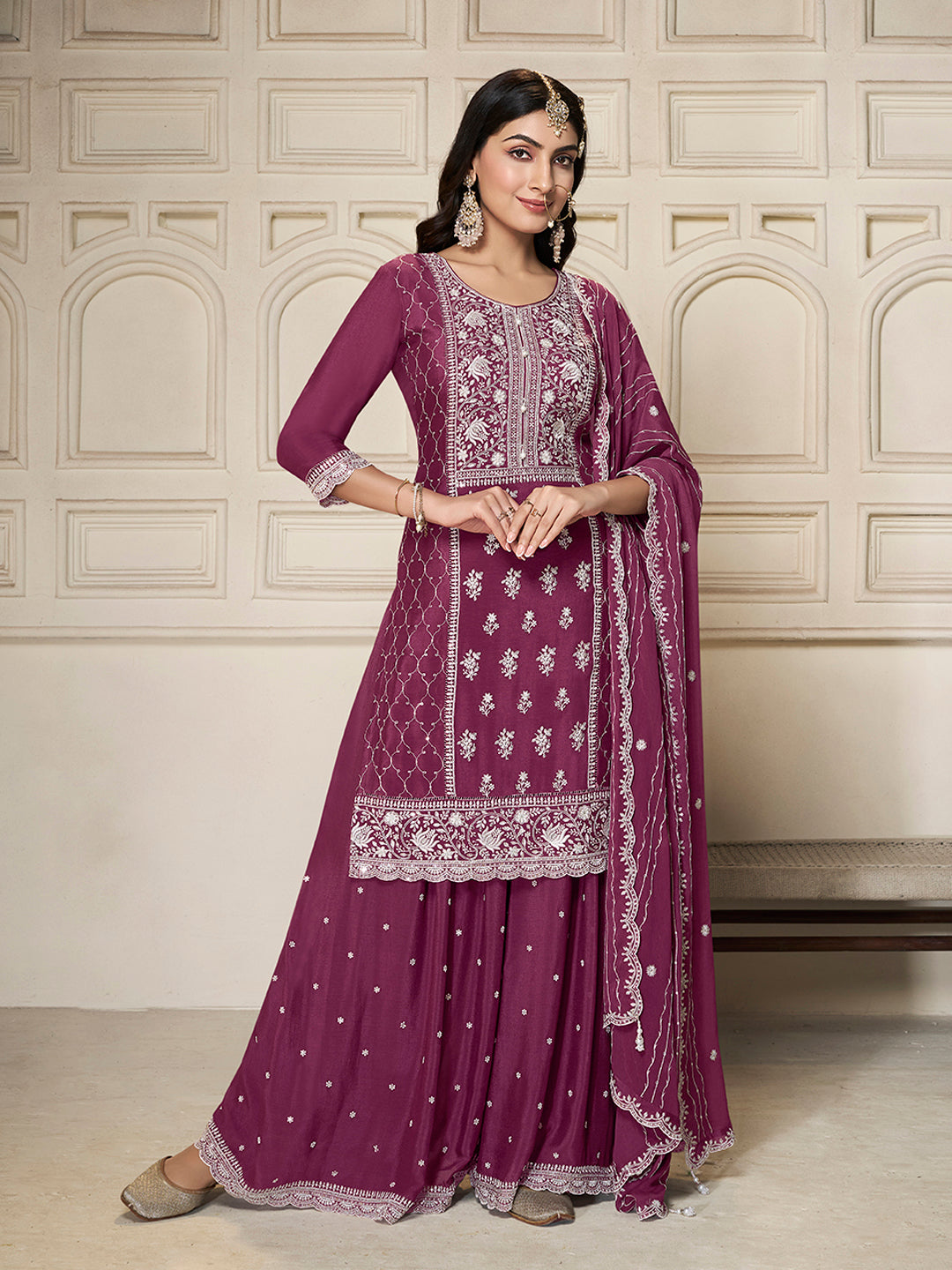 Embroidered Purple Chinon Top with Sequin Detailing and Matching Sharara Suit Set - qivii
