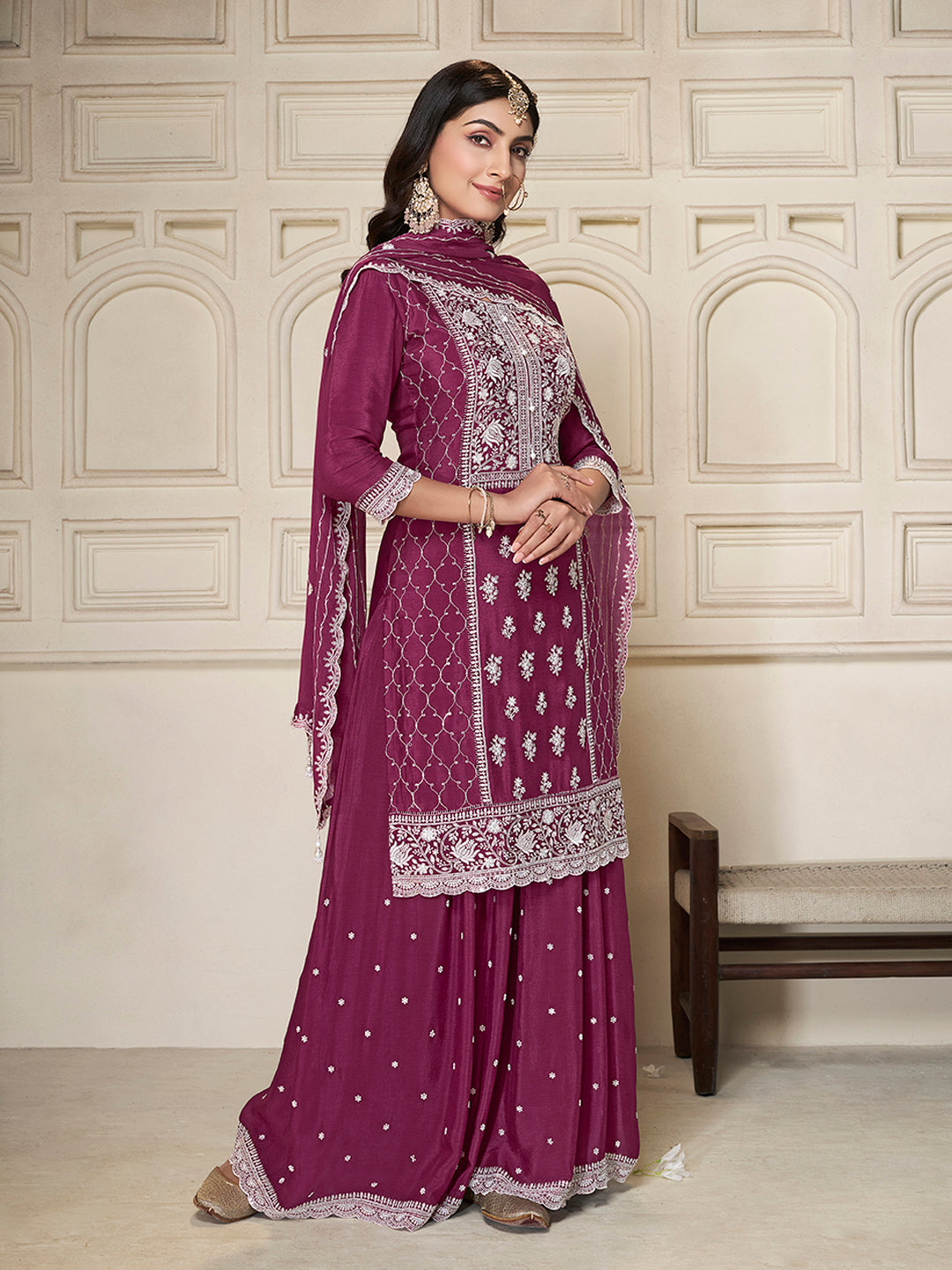 Embroidered Purple Chinon Top with Sequin Detailing and Matching Sharara Suit Set - qivii