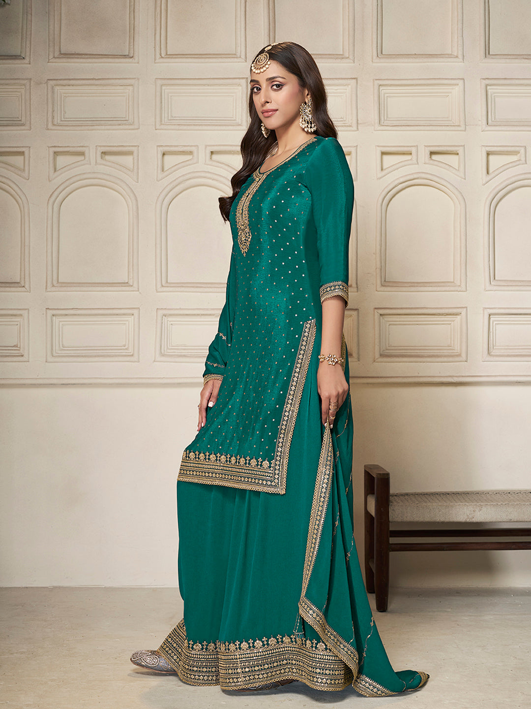 Green Chinon Top with Sequins Embroidery and Sharara Suit Set - qivii