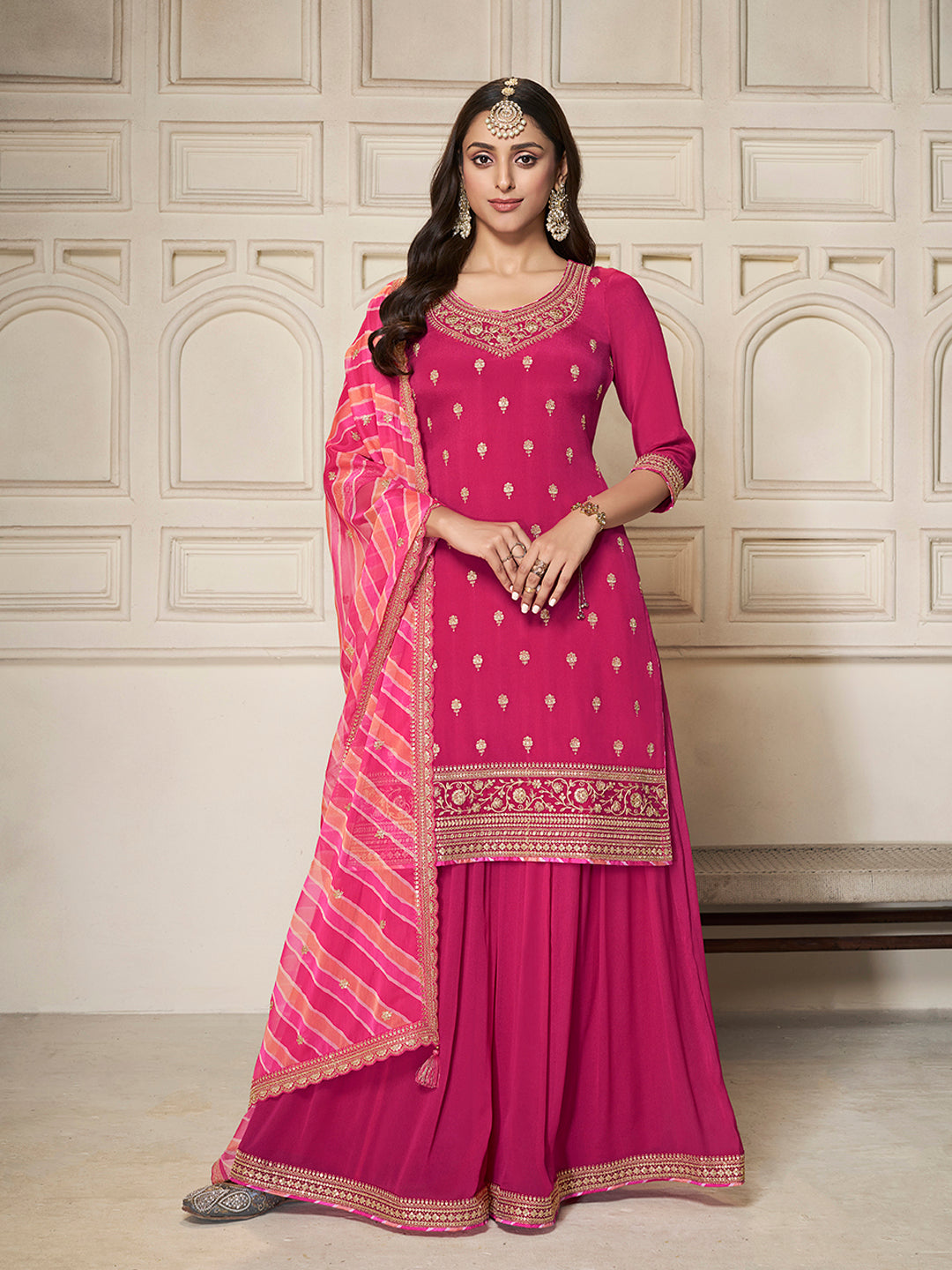 Pink Chinon top, embellished sharara, and lehariya printed dupatta. Sharara Suit Set. - qivii