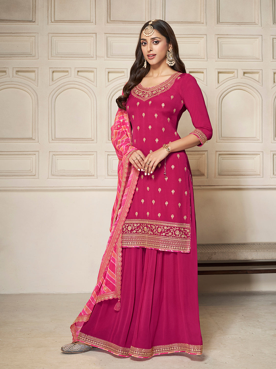 Pink Chinon top, embellished sharara, and lehariya printed dupatta. Sharara Suit Set. - qivii