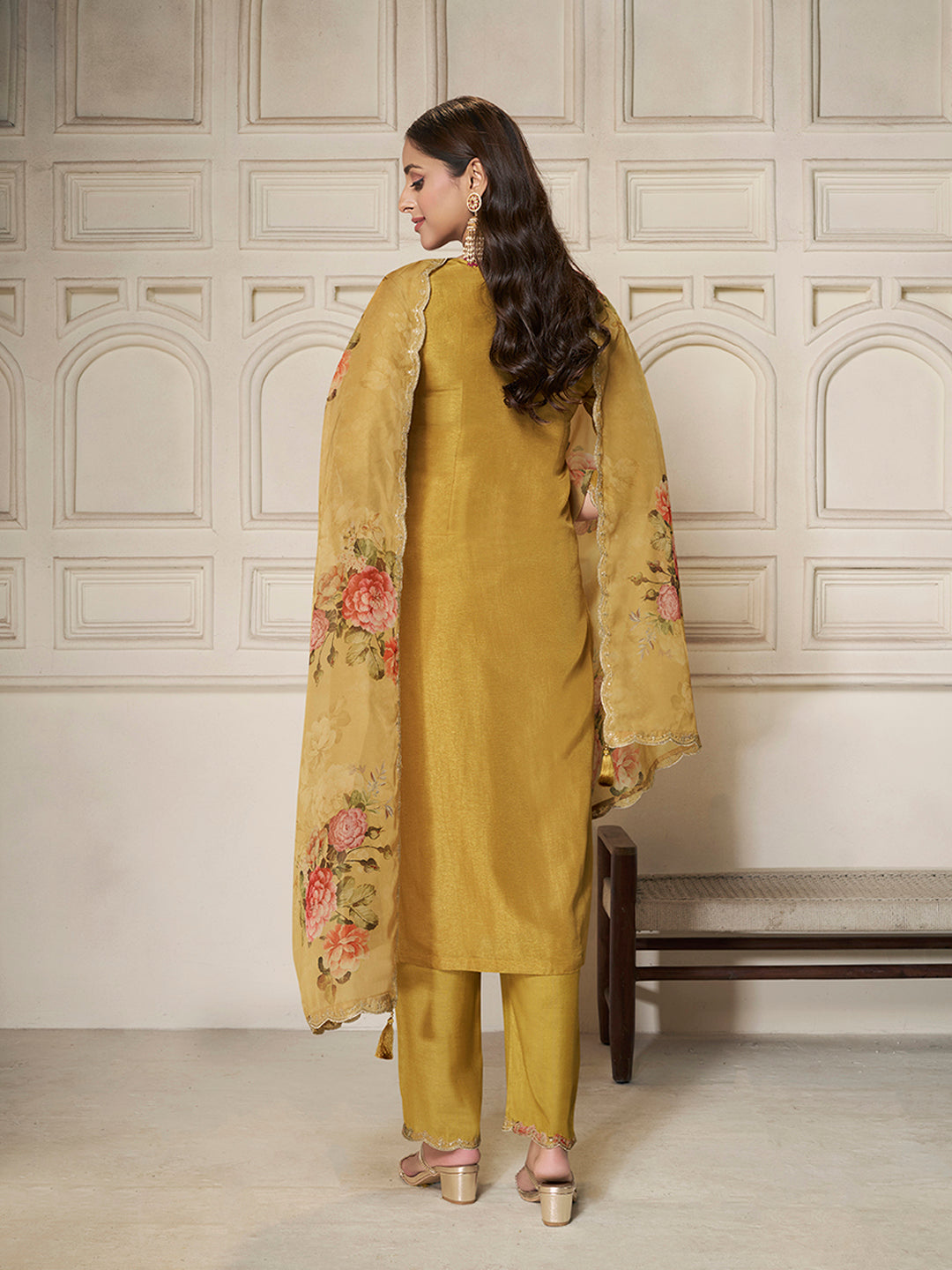 Yellow Dola Silk Jacquard weave with Applique patch Kurta Suit set - qivii
