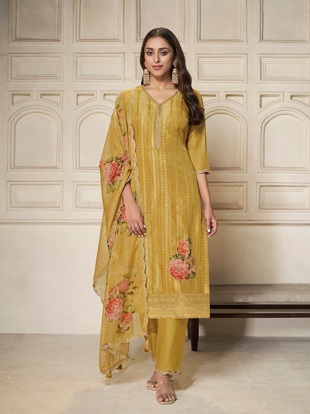 Yellow Dola Silk Jacquard weave with Applique patch Kurta Suit set - qivii