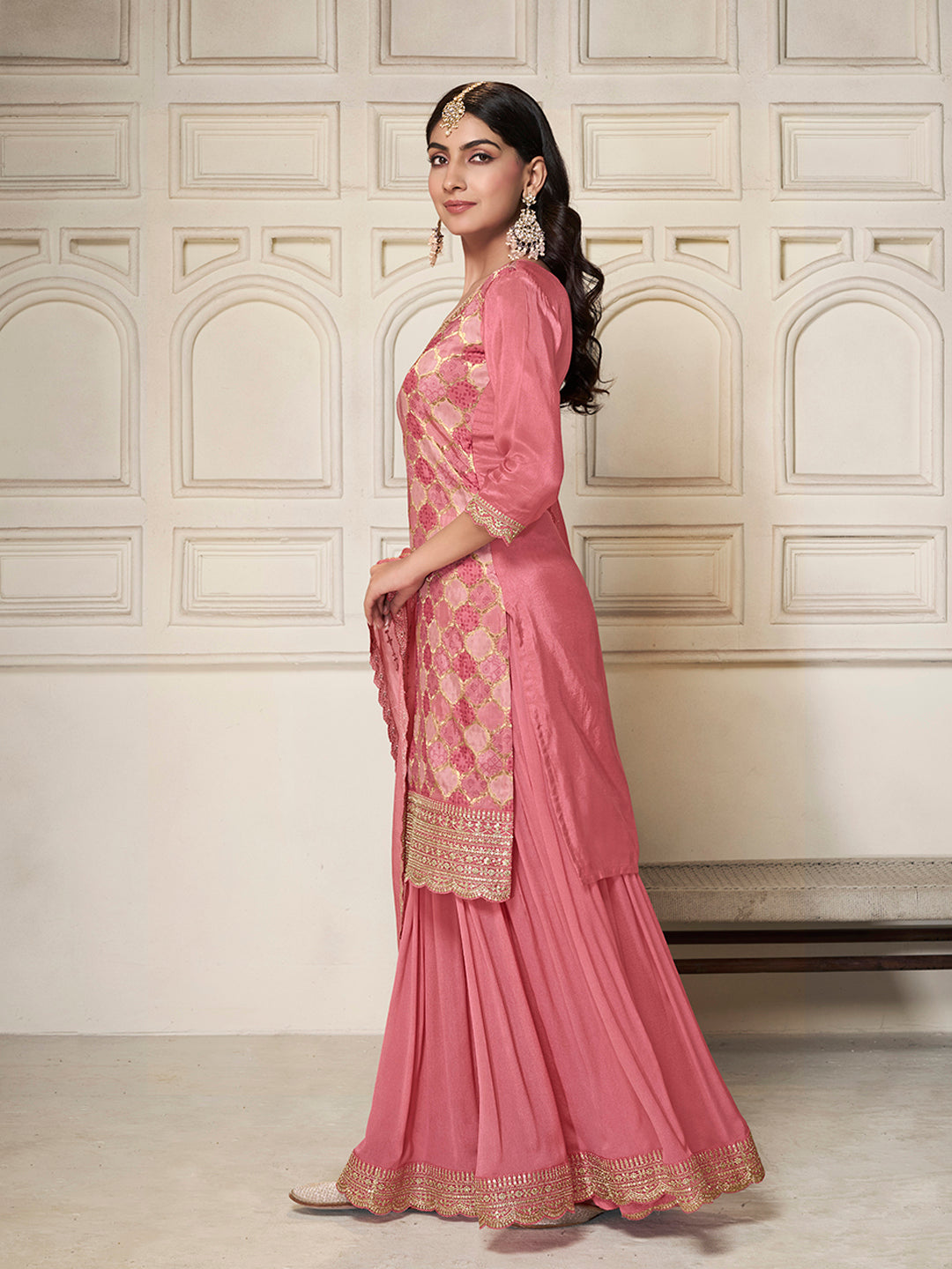 Light Pink Sharara Suit Set in Dola Silk Position Print - qivii