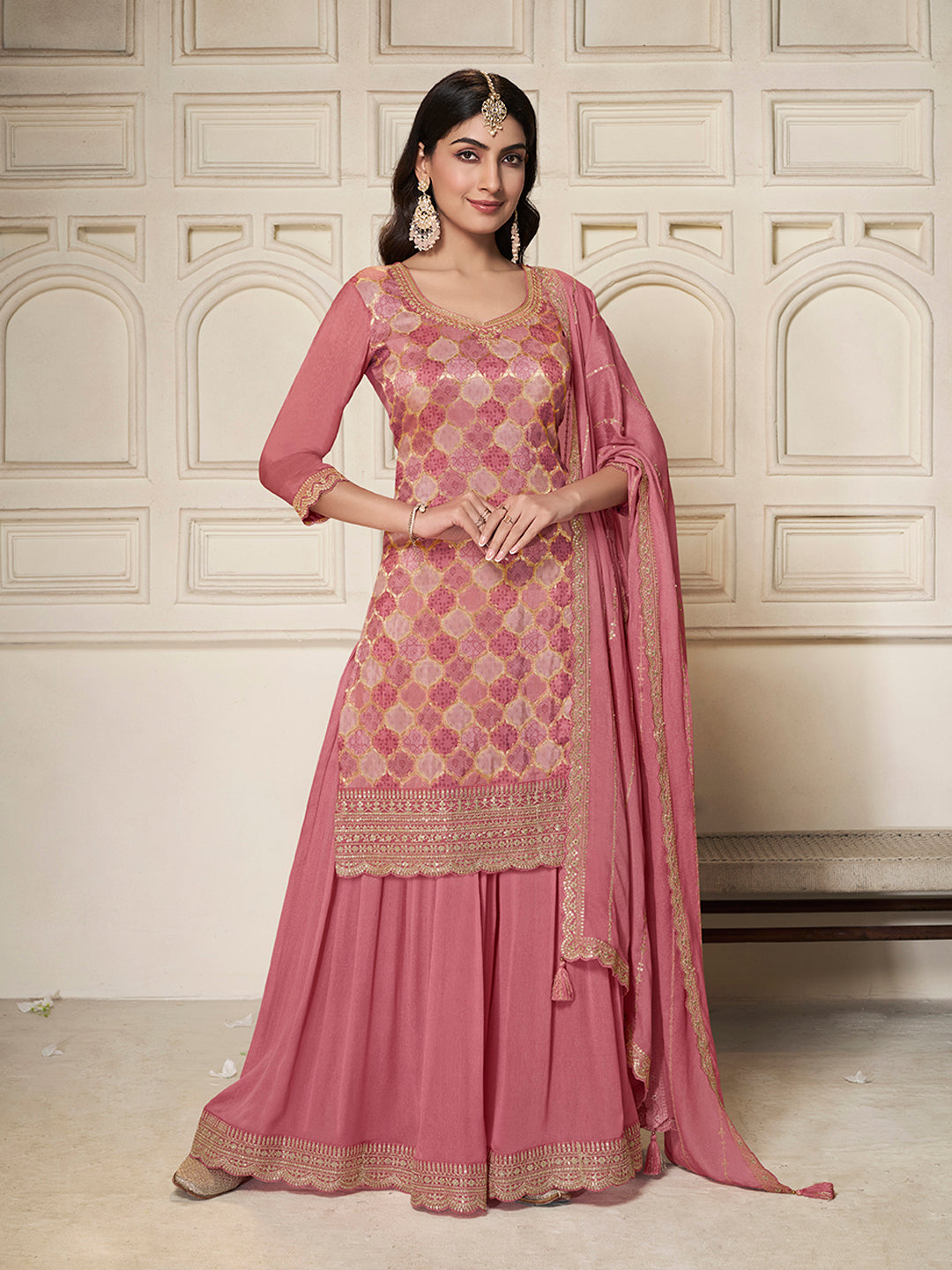 Light Pink Sharara Suit Set in Dola Silk Position Print - qivii