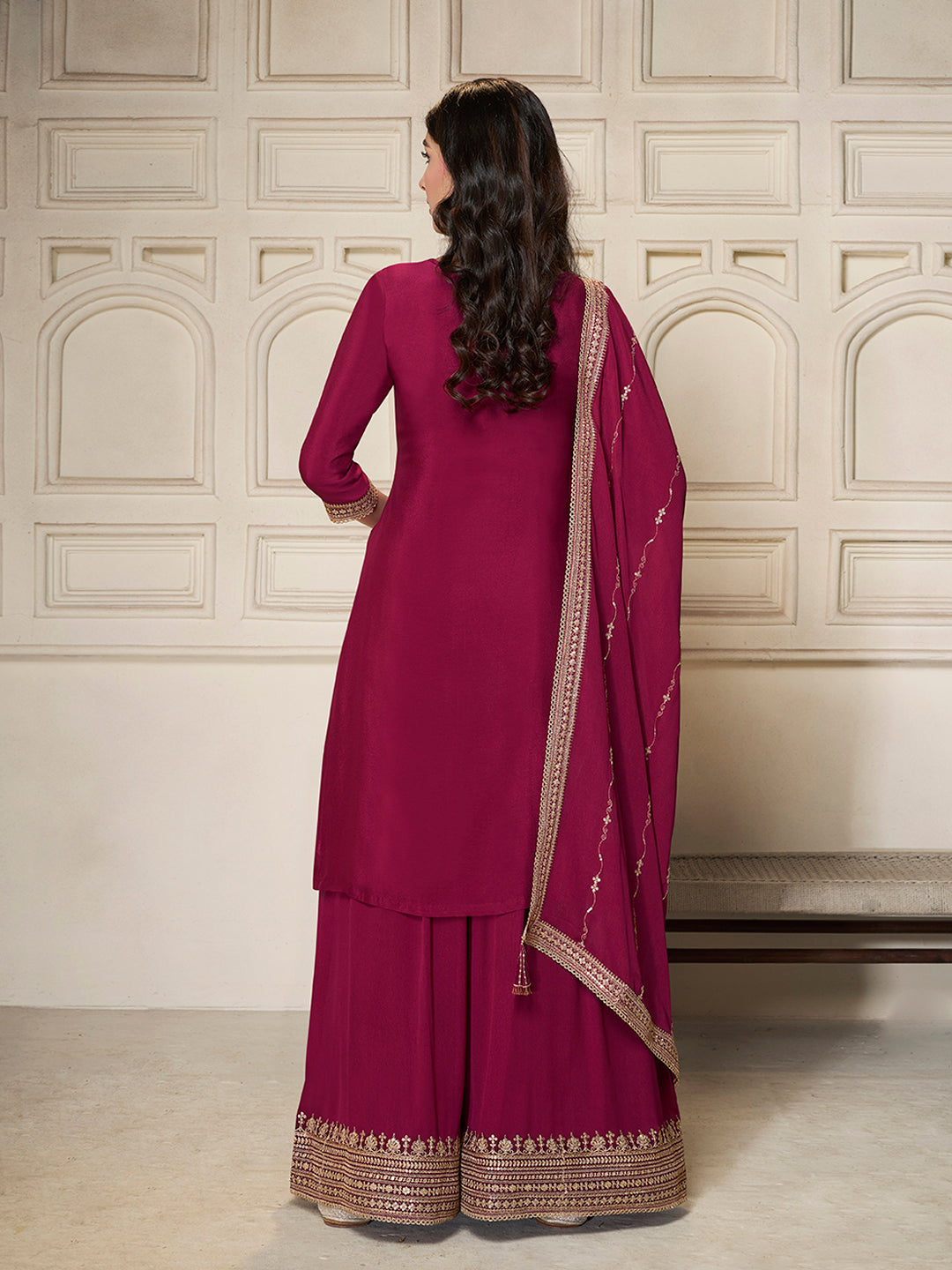Red Chinon Top with Sequins Embroidery and Sharara Suit Set - qivii