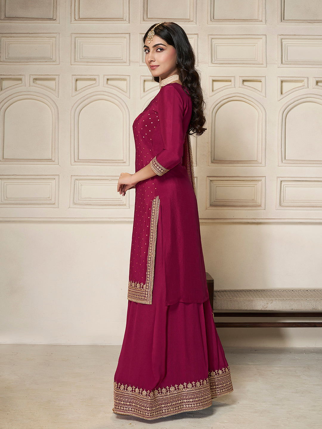 Red Chinon Top with Sequins Embroidery and Sharara Suit Set - qivii
