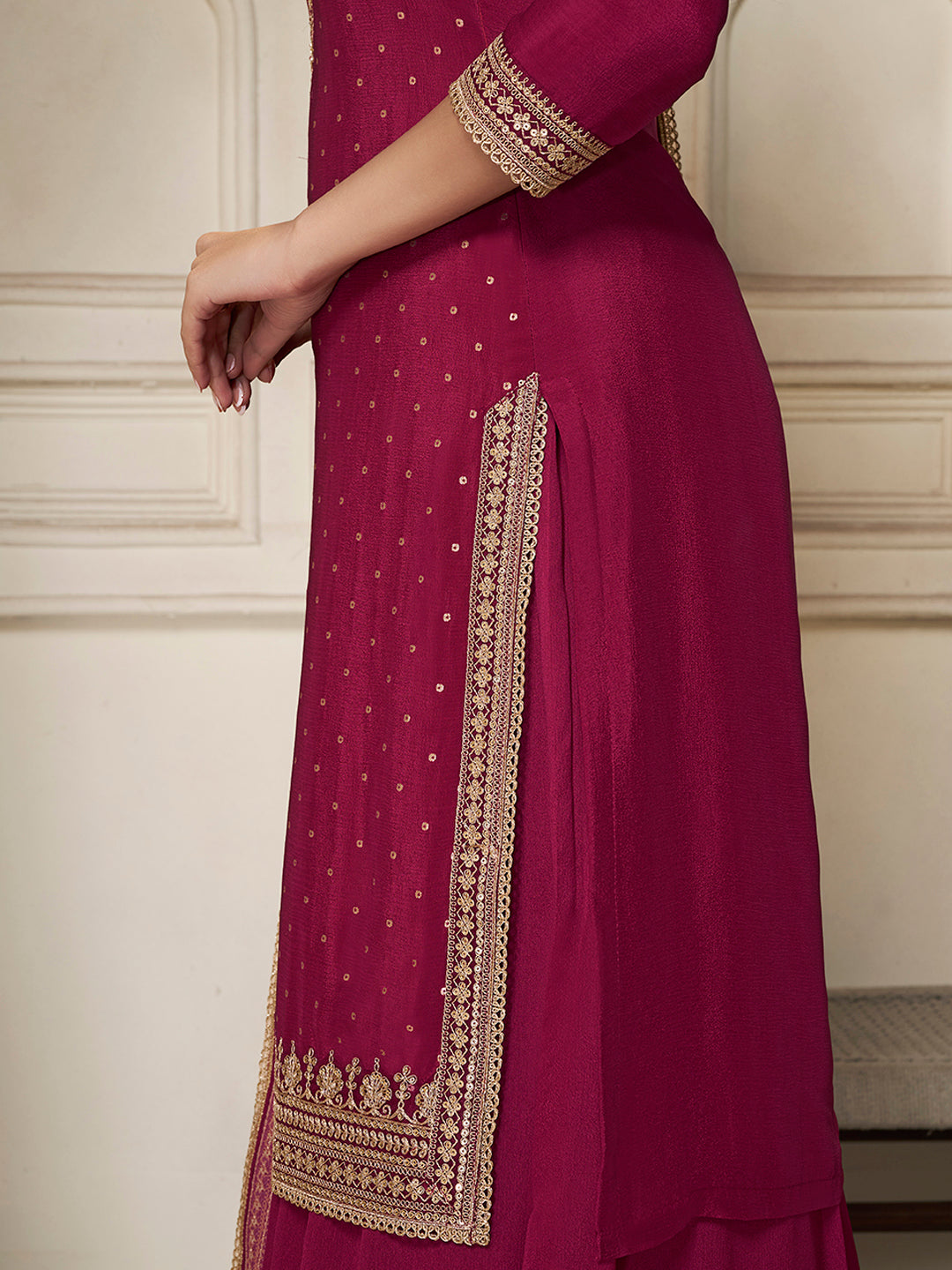Red Chinon Top with Sequins Embroidery and Sharara Suit Set - qivii