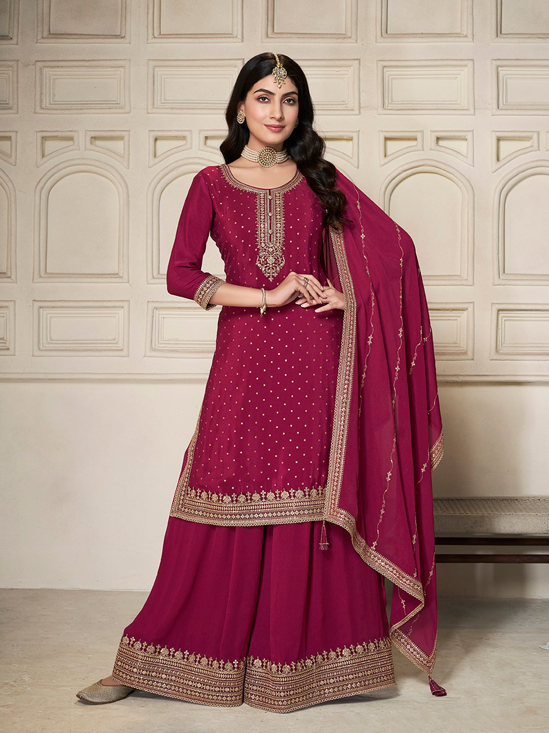 Red Chinon Top with Sequins Embroidery and Sharara Suit Set - qivii