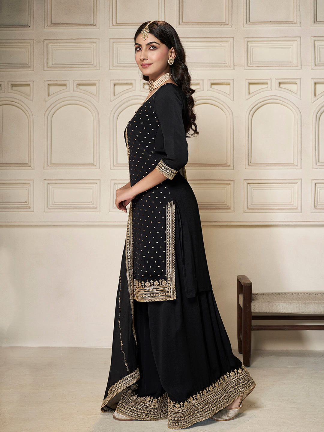 Black Chinon Top with Sequins Embroidery and Sharara Suit Set - qivii