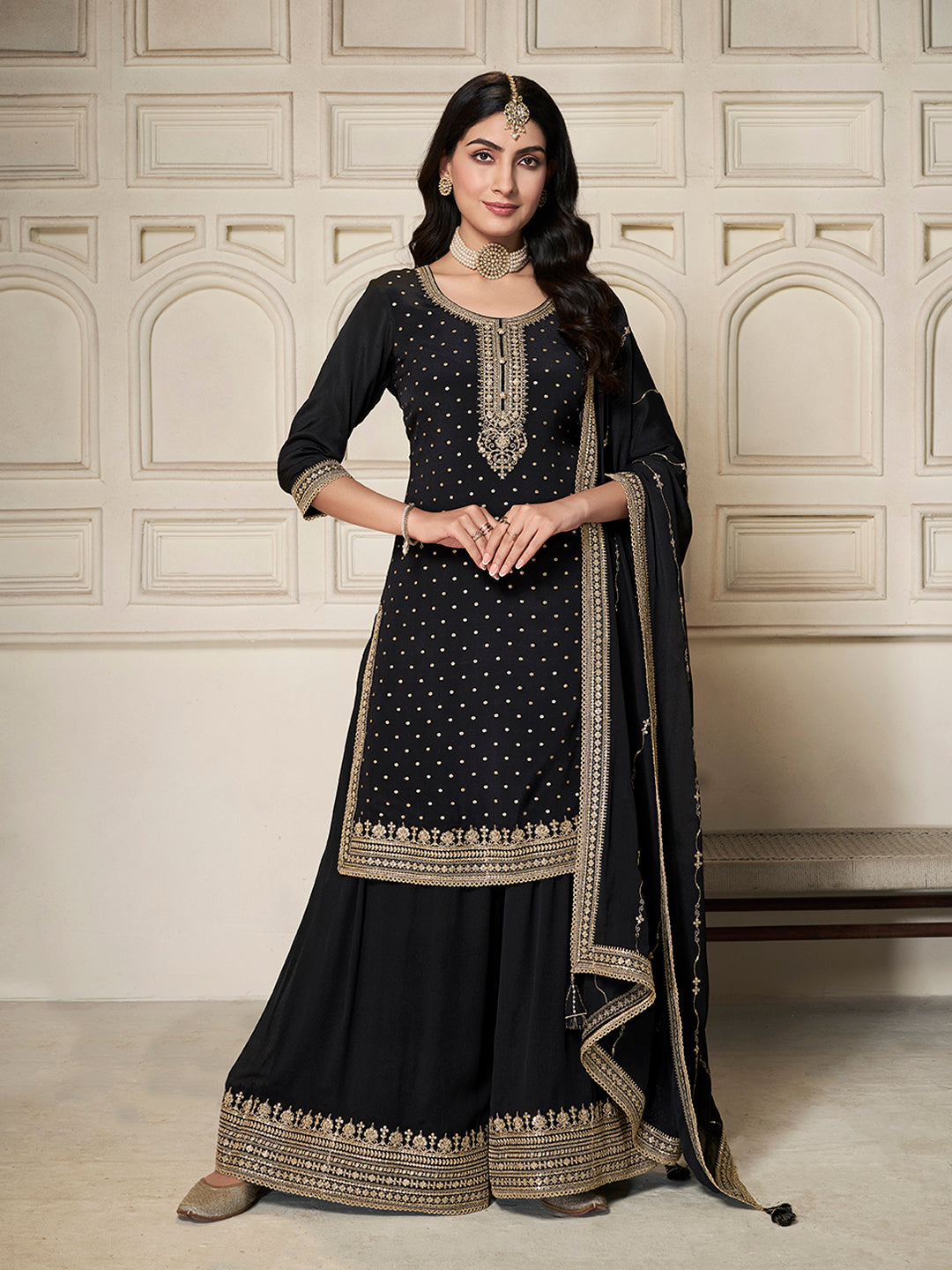 Black Chinon Top with Sequins Embroidery and Sharara Suit Set - qivii
