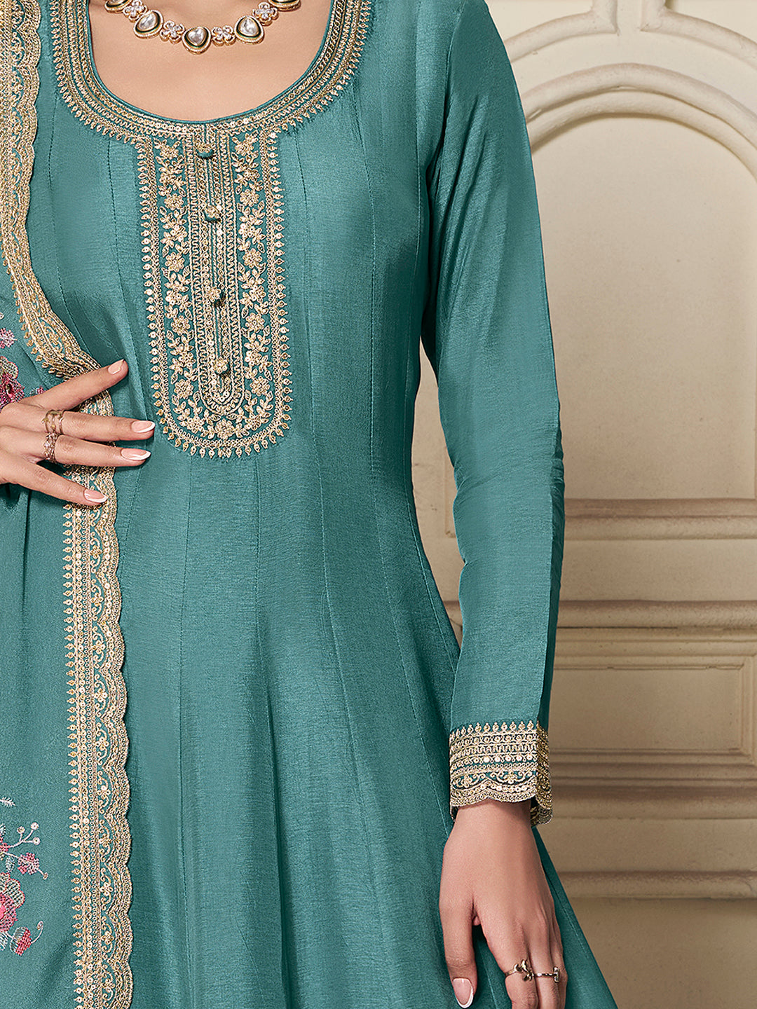 Teal Dola Silk Anarkali Set with Sequins Embroidered Dupatta