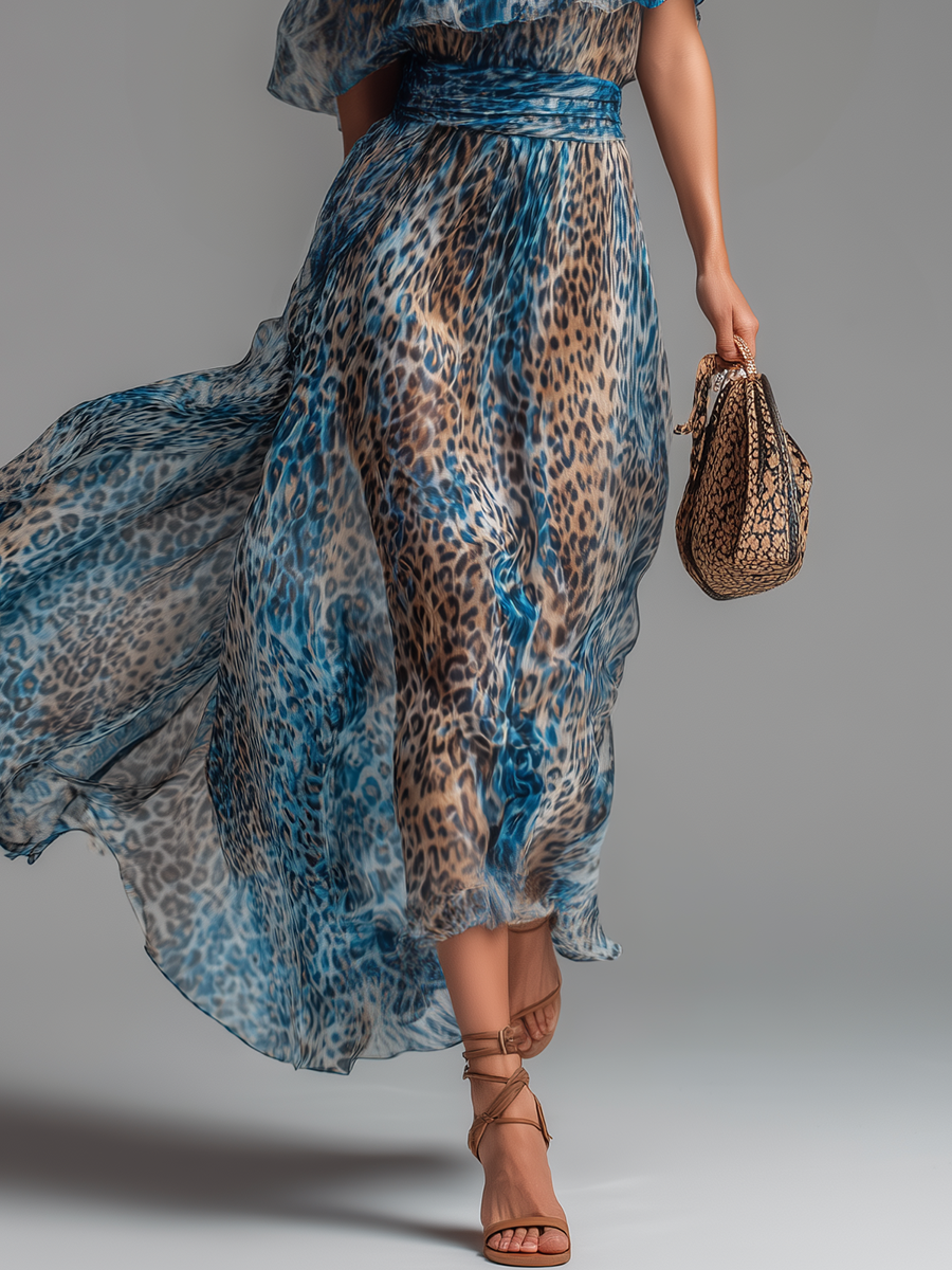 Wild - Long chiffon dress with leopard print and bare shoulders by Qivii