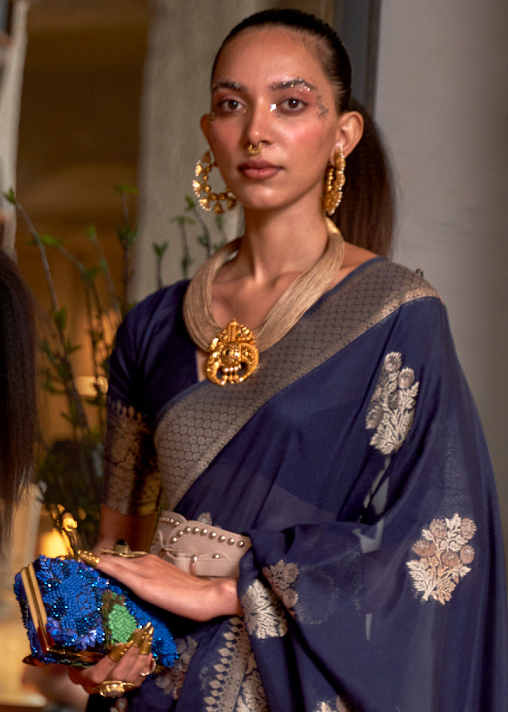 Indigo Blue Woven Khaddi Georgette Silk Saree - qivii