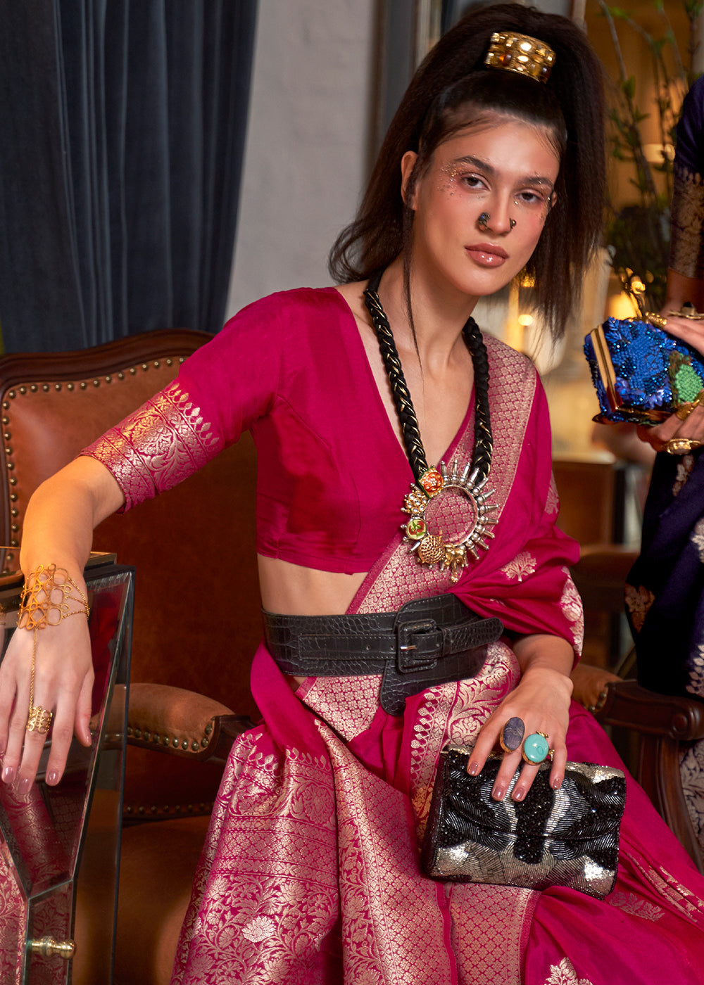 Cerise Pink Woven Khaddi Georgette Silk Saree - qivii