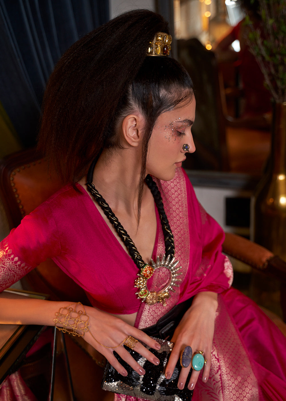 Cerise Pink Woven Khaddi Georgette Silk Saree - qivii