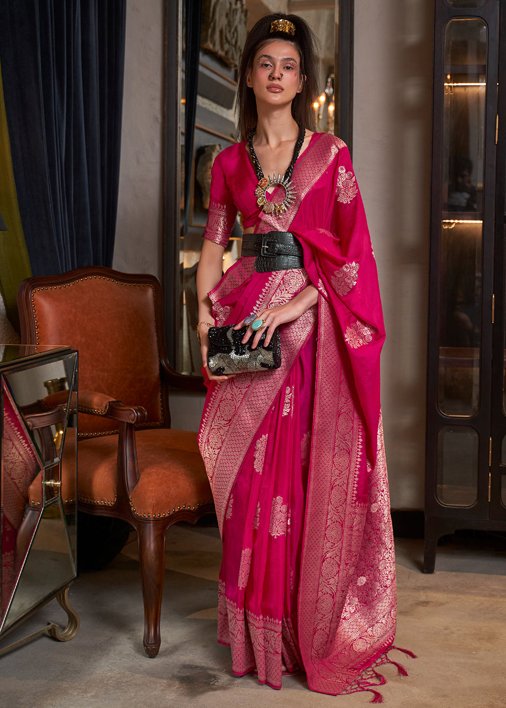 Cerise Pink Woven Khaddi Georgette Silk Saree - qivii